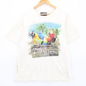 Vintage B&E Sport Shirt Men's White Short Sleeve Parrot Island Graphic Logo L